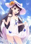  :d animal_hat ass_visible_through_thighs bangs black_hair blue_sky blunt_bangs braid cat_hat closed_eyes cloud collarbone cowboy_shot day dress fang flat_chest flower food french_braid fruit hat hat_flower highres kureha_(angelite) long_hair looking_at_viewer moe2018 motion_blur navel one-piece_tan open_mouth original outdoors red_eyes see-through skirt_hold sky sleeveless sleeveless_dress smile solo splashing standing straight_hair strap_slip sundress sunflower tan tanline tareme very_long_hair watermelon wet wet_clothes wet_dress white_hat 