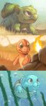  all_fours blue_skin blue_sky brown_eyes bubble bulbasaur charmander closed_mouth commentary desert fire gen_1_pokemon grass green_skin happy highres looking_away looking_to_the_side looking_up no_humans orange_skin plump pokemon pokemon_(creature) red_eyes rock sky smile squirtle standing swimming twarda8 underwater 
