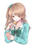  :o alternate_hairstyle bangs blonde_hair blue_scrunchie blush bow bowtie breasts brown_eyes candy cardigan cellphone cleavage collarbone collared_shirt earrings eyebrows_visible_through_hair food green_bow green_neckwear hair_ornament hair_scrunchie heart heart_necklace highres holding holding_food holding_phone idolmaster idolmaster_cinderella_girls jewelry lollipop long_hair long_sleeves looking_at_phone medium_breasts morikubo_nono one_side_up open_cardigan open_clothes open_mouth pendant phone sak_(lemondisk) school_uniform scrunchie shirt simple_background smartphone solo stud_earrings upper_body white_background white_shirt wing_collar 