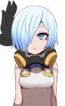  :o bare_shoulders blue_eyes blue_hair blush breasts disembodied_limb eyeshadow hair_over_one_eye looking_at_viewer makeup medium_breasts overturn parted_lips short_hair simple_background solo_focus sumiyao_(amam) upper_body white_background 
