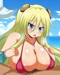  1boy 1girl afuro bikini blonde_hair blue_eyes blush breasts censored collarbone fish_tail fuji-san hetero huge_breasts long_hair male_pubic_hair mermaid namiuchigiwa_no_muromi-san necklace ocean open_mouth outdoors paizuri penis red_bikini solo_focus swimsuit tail 