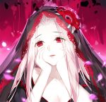  albino breasts cleavage collarbone commentary eyebrows_visible_through_hair fate/grand_order fate/zero fate_(series) flower forehead gekka_nanako glowing hands_on_own_cheeks hands_on_own_face head_tilt highres irisviel_von_einzbern looking_at_viewer medium_breasts parted_lips petals red_eyes red_flower revision smile solo upper_body veil white_hair yandere_trance 