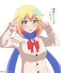  bad_id bad_pixiv_id blonde_hair blush bow bowtie cardigan chisaki_tapris_sugarbell commentary_request double_v earrings eyebrows_visible_through_hair flower gabriel_dropout green_eyes hair_flower hair_ornament heart heart_earrings highres jewelry lipstick long_sleeves loose_bowtie makeup nail_polish nervous_smile nyaroon pink_nails scarf school_uniform short_hair single_earring solo sweat translation_request twitter_username v v_over_eye white_background 