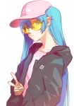  alternate_costume baseball_cap blue_eyes blue_hair closed_mouth collarbone ear_piercing eyebrows_visible_through_hair hand_in_pocket hat hatsune_miku highres hood hood_down hooded_jacket jacket long_hair long_sleeves looking_at_viewer open_clothes open_jacket piercing pine_(yellowpine112) pink_hat simple_background solo sunglasses tinted_eyewear twintails v very_long_hair vocaloid white_background yellow-tinted_eyewear 