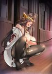  1girl absurdres ahoge areolae bare_shoulders bell breasts brown_eyes brown_hair choker collar feet female full_body headgear indoors japanese_clothes kantai_collection kongou_(kantai_collection) large_breasts leash long_breasts long_hair nipples no_bra no_pants no_shoes open_clothes open_mouth panties panties_under_pantyhose pantyhose puffy_nipples purple_eyes solo squatting sweat toes tsukamori_shuuji white_panties 