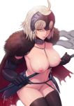  ahoge animal_ears bangs between_breasts black_legwear blonde_hair breasts cape chain collar cowboy_shot fate/apocrypha fate_(series) faulds fur_collar gauntlets groin highres holding jeanne_d'arc_(alter)_(fate) jeanne_d'arc_(fate)_(all) large_breasts lips mezzo_(orbanga21) naked_cape navel nipples nude parted_lips red_cape short_hair signature smile solo standing stomach thighhighs tsurime two-handed yellow_eyes 