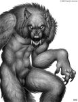  2009 5_fingers abs animal_genitalia anthro balls biceps big_claws biped canine claws fangs front_view fully_sheathed greyscale kyoht_luterman looking_at_viewer male mammal monochrome muscular muscular_male navel nude pecs pencil_(artwork) portrait sheath signature simple_background snarling snout solo teeth three-quarter_portrait traditional_media_(artwork) were werewolf white_background 