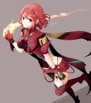 blush breasts earrings fingerless_gloves gloves hair_ornament homura_(xenoblade_2) jewelry looking_at_viewer medium_breasts red_eyes red_hair robaco short_hair shorts sidelocks simple_background smile solo tiara xenoblade_(series) xenoblade_2 