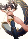  :d absurdres ameyame armlet arms_up bikini black_bikini_bottom black_hair black_ribbon blue_legwear breasts bridal_gauntlets cameltoe chain covered_nipples crown earrings eyebrows_visible_through_hair fate/grand_order fate_(series) feet_out_of_frame hair_ribbon heavenly_boat_maanna highres hoop_earrings index_finger_raised ishtar_(fate/grand_order) jewelry long_hair long_legs looking_at_viewer medium_breasts mismatched_bikini motion_blur navel open_mouth parted_lips petals ribbon round_teeth simple_background single_thighhigh smile solo stomach swimsuit tareme teeth thighhighs thighs white_background white_bikini_top 