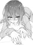  absurdres ass barefoot blush breasts cleavage greyscale highres hoshizuki_kaede kyokucho looking_at_viewer monochrome open_mouth original pajamas pov small_breasts solo_focus sweat 