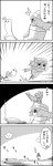  1girl 4koma bow chasing check_translation cirno cloud comic commentary_request crossed_bandaids emphasis_lines fleeing food greyscale hair_bow head_bump highres lake letty_whiterock monochrome on_head osatou_(character) partially_submerged partially_translated person_on_head popsicle running scarf shaded_face short_sleeves smile tani_takeshi touhou translation_request watermelon_bar wings yukkuri_shiteitte_ne 