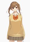  bangs blush bow bowtie brown_eyes brown_hair closed_mouth collared_shirt commentary_request cowboy_shot eyebrows_visible_through_hair grey_background grey_skirt kawai_makoto looking_at_viewer orange_neckwear original pleated_skirt shirt signature simple_background skirt smile solo standing sweater twintails white_shirt wing_collar yellow_sweater 