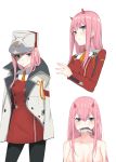 absurdres aqua_eyes bangs candy coffeedog commentary darling_in_the_franxx eyebrows_visible_through_hair eyeshadow fish food hair_over_breasts highres horns lollipop long_hair makeup military military_uniform multiple_views orange_neckwear pantyhose pink_hair shiny shiny_hair uniform zero_two_(darling_in_the_franxx) 