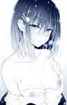  absurdres bare_shoulders blue blush breasts cleavage collarbone highres hoshizuki_kaede kyokucho looking_at_viewer medium_breasts medium_hair mole mole_on_breast monochrome nipples original parted_lips see-through solo wet wet_clothes 