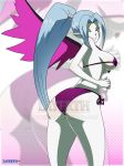  10s 1girl ass bikini blue_hair blue_skin breasts curvy dragon_ball dragon_ball_super female huge_ass large_breasts layerth long_hair looking_at_viewer looking_back pointy_ears ponytail sideboob smile solo universe_2_(dragon_ball) vikal white_hair wings wink yellow_eyes 