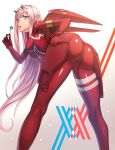  ass bodysuit breasts candy darling_in_the_franxx eyebrows_visible_through_hair food green_eyes gwtm2288 highres horns large_breasts long_hair looking_at_viewer pilot_suit pink_hair red_suit skin_tight solo zero_two_(darling_in_the_franxx) 