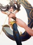  :d absurdres ameyame armlet arms_up bad_id bad_pixiv_id bikini black_bikini_bottom black_hair black_ribbon blue_legwear breasts bridal_gauntlets cameltoe chain covered_nipples crown earrings eyebrows_visible_through_hair fate/grand_order fate_(series) feet_out_of_frame hair_ribbon heavenly_boat_maanna highres hoop_earrings index_finger_raised ishtar_(fate/grand_order) jewelry long_hair looking_at_viewer medium_breasts mismatched_bikini motion_blur navel open_mouth parted_lips petals ribbon round_teeth simple_background single_thighhigh smile solo stomach swimsuit tareme teeth thighhighs thighs white_background white_bikini_top 