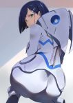  ass back black_hair blush bodysuit crossed_arms darling_in_the_franxx green_eyes hair_ornament hairclip ichigo_(darling_in_the_franxx) looking_at_viewer looking_back nuezou pilot_suit solo white_bodysuit 