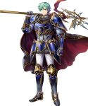  armor armored_boots bangs blue_armor blue_eyes boots cape clenched_hand elbow_pads ephraim fire_emblem fire_emblem:_seima_no_kouseki fire_emblem_heroes full_body gauntlets green_hair highres holding holding_weapon looking_at_viewer male_focus mayachise non-web_source official_art over_shoulder pants polearm short_hair shoulder_armor shoulder_pads smile solo spear standing transparent_background weapon weapon_over_shoulder 