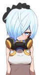  bare_shoulders blue_eyes blue_hair blush breasts closed_mouth disembodied_limb eyeshadow hair_over_one_eye head_tilt looking_at_viewer makeup medium_breasts overturn petting short_hair simple_background solo_focus sumiyao_(amam) upper_body white_background 