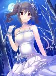  ashita_(2010) bare_tree breasts commentary_request dress drill_hair full_moon gloves idolmaster idolmaster_cinderella_girls kanzaki_ranko long_hair medium_breasts moon red_eyes signature silver_hair smile solo sparkle tree twin_drills white_dress white_gloves 
