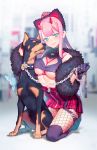  animal animal_ears black_collar black_gloves black_legwear blurry blurry_background breasts chain closed_mouth collar commentary crop_top darling_in_the_franxx depth_of_field doberman dog dog_ears ear_piercing earrings fake_animal_ears fiodo fishnet_pantyhose fishnets fur glint gloves green_eyes hand_on_another's_head head_tilt heart_cutout high_ponytail highres holding horns jewelry kneeling long_hair looking_at_viewer medium_breasts pantyhose piercing pink_hair plaid plaid_skirt pleated_skirt ponytail purple_skirt revealing_clothes sitting skirt smile solo studded_collar thighhighs thighhighs_over_pantyhose underboob very_long_hair zero_two_(darling_in_the_franxx) 