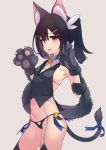  animal_ears bell black_hair black_panties breasts brown_eyes cat_ears cat_tail commentary_request contrapposto fang fate/kaleid_liner_prisma_illya fate_(series) from_side garter_straps gloves grey_legwear hair_between_eyes hair_ornament hairclip highres jingle_bell looking_at_viewer miyu_edelfelt navel open_mouth panties paw_gloves paws ribbon santa_(sunflower) sideboob simple_background small_breasts solo standing string_panties tail tail_ribbon thighhighs twintails underwear 