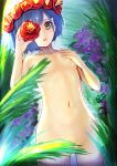  :o absurdres blue_hair breasts collarbone convenient_censoring covering covering_one_breast cowboy_shot darling_in_the_franxx day dutch_angle flower flower_wreath from_below grass green_eyes head_wreath hibiscus highres holding holding_flower ichigo_(darling_in_the_franxx) lips looking_at_viewer looking_down navel nude open_mouth outdoors red_flower shiny shiny_hair short_hair small_breasts solo standing stomach tareme teruru underboob 