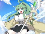  bare_shoulders belt breasts choker coat commentary_request duel_monster green_eyes green_hair hair_ornament highres jewelry long_hair looking_at_viewer medium_breasts nanashino_(nanasino101) open_mouth ponytail skirt smile solo staff wide_sleeves winda_priestess_of_gusto yuu-gi-ou 