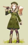  arm_up axe bangs beret blonde_hair boots brown_gloves brown_legwear clenched_hand closed_eyes coat eyebrows_visible_through_hair fate/grand_order fate_(series) full_body fur-trimmed_sleeves fur_collar fur_trim gloves green_background green_coat green_footwear green_hat hat holding holding_axe holding_weapon knee_boots long_sleeves newo_(shinra-p) older pantyhose parted_bangs paul_bunyan_(fate/grand_order) pocket short_hair simple_background smile solo standing teenage weapon yellow_eyes 