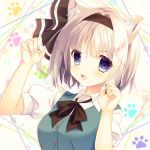  :d abstract_background animal_ears bangs black_hairband black_ribbon blonde_hair blue_eyes blunt_bangs blush cat_ears collared_shirt commentary_request eyebrows_visible_through_hair fang green_vest hair_ribbon hairband hands_up kemonomimi_mode konpaku_youmu licoco looking_at_viewer open_mouth paw_pose paws ribbon shiny shiny_hair shirt short_hair smile solo touhou upper_body vest white_shirt wing_collar 