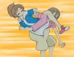  a-king arawi_keiichi_(style) brown_hair brown_shorts city_(arawi_keiichi) closed_eyes commentary_request elbowing flying_sweatdrops hood hoodie leg_lock locked_arms multiple_girls nagumo_midori niikura_(city) on_person orange_background pink_shirt ponytail shirt shoes shorts sneakers wrestling 