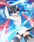  animal_ears artist_request ass_visible_through_thighs black_hair brown_eyes dog_ears dog_tail extra_ears eyepatch katana long_hair magic official_art open_mouth ponytail print_eyepatch sakamoto_mio school_swimsuit strike_witches striker_unit swimsuit swimsuit_under_clothes sword tail teeth weapon white_eyepatch world_witches_series 
