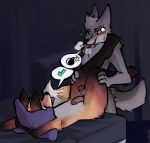  2018 anthro bed black_nose blush brown_eyes canine duo fox fur grey_fur inside legs_up lying male male/male mammal nude on_back one_eye_closed open_mouth orange_fur penis pillow sex standing table_lotus_position tongue tongue_out white_fur zaptagon 