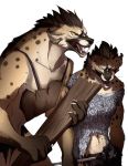  anthro clothed clothing duo female gnoll licking licking_lips male mammal muscular muscular_male no_pupils open_mouth saliva tongue tongue_out torn_clothing trinanya 