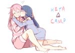  ^_^ alternate_hairstyle barefoot blue_hair cheek_kiss closed_eyes couple hair_down heart hetareeji hug kagamihara_nadeshiko kiss long_hair loungewear multiple_girls pink_hair shima_rin shorts simple_background sketch smile white_background yuri yurucamp 