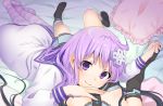  absurdres bed black_hair bomhat breasts commentary d-pad d-pad_hair_ornament dress elbow_gloves female_pov fingerless_gloves gloves hair_ornament head_out_of_frame highres holding_hands huge_filesize interlocked_fingers long_hair looking_at_another looking_up lying multiple_girls nepgear neptune_(series) out_of_frame pillow pov purple_eyes purple_hair sailor_dress small_breasts smile socks striped striped_legwear uni_(choujigen_game_neptune) yuri 