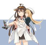 :d ahoge annin_musou bare_shoulders black_skirt blonde_hair blue_eyes brown_hair carrying commentary detached_sleeves hairband hat headgear highres japanese_clothes jervis_(kantai_collection) kantai_collection kongou_(kantai_collection) long_hair multiple_girls nontraditional_miko open_mouth pleated_skirt princess_carry purple_eyes remodel_(kantai_collection) ribbon-trimmed_sleeves ribbon_trim short_sleeves skirt smile white_hat wide_sleeves 