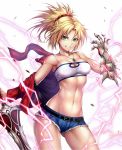  abs ass_visible_through_thighs bandeau bare_shoulders belt blonde_hair braid breasts clarent cleavage commentary_request covered_nipples cutoffs denim denim_shorts electricity fate/apocrypha fate_(series) french_braid gauntlets green_eyes grin hair_ornament hair_scrunchie highres jacket jewelry long_hair looking_at_viewer md5_mismatch medium_breasts midriff mordred_(fate) mordred_(fate)_(all) nasaniliu necklace off_shoulder ponytail red_jacket red_scrunchie scrunchie shorts simple_background smile solo standing teeth white_background 