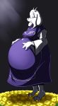  anthro belly big_belly boss_monster breasts caprine clothing female fur goat hand_on_stomach hoodah horn mammal simple_background solo toriel undertale video_games white_fur 