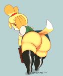  2017 animal_crossing anthro anus big_butt blonde_hair blush breasts butt canine clothed clothing dog female fur hair isabelle_(animal_crossing) josieokami looking_at_viewer mammal nintendo presenting presenting_anus presenting_pussy pussy shih_tzu simple_background solo thick_thighs upskirt video_games yellow_fur 