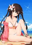  black_hair blue_sky breasts brown_eyes cleavage cloud day feet_out_of_frame flower front-tie_top hair_flower hair_ornament head_tilt jacket long_hair looking_at_viewer macchiato_(jae-min_cho) medium_breasts moe2018 open_mouth original outdoors pink_jacket sitting sky solo twintails twitter_username water 