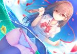  animal bangs black_legwear blue_skirt blue_sky blurry blush bow bow_panties bowtie bra breasts brown_hair buttons closed_mouth cloud collared_shirt commentary_request day depth_of_field dripping eyebrows_visible_through_hair fish highres long_hair looking_at_viewer medium_breasts moe2018 original outdoors panties partially_submerged petals pink_bow pink_bra red_eyes red_neckwear red_ribbon revision ribbon school_uniform see-through shirt side-tie_panties skirt sky solo standing tatapopo thighhighs underwear wading water wet wet_clothes wet_hair wet_shirt wet_skirt white_panties 