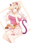  :p angel_wings animal_ears bare_shoulders bell bell_collar blonde_hair blue_eyes breasts cat_ears cat_tail cleavage collar collarbone commission eyebrows_visible_through_hair hair_ribbon heart highres legs_together medium_breasts mercy_(overwatch) midriff overwatch plaid plaid_skirt ponytail ribbon simple_background skirt solo tail tongue tongue_out usarei wings 