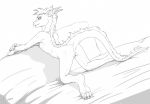  anthro anus black_and_white claws dragon female flat_chested hindpaw looking_at_viewer looking_back mane monochrome nude paws plantigrade pussy solo zafara_(artist) 