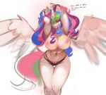  2018 anthro anthrofied biped black_bottomwear black_clothing black_panties black_underwear blue_hair bow breasts clothed clothing cutie_mark dialogue digital_media_(artwork) english_text equine eyeshadow feathered_wings feathers female friendship_is_magic front_view fur green_hair green_tail hair hair_over_eye horn lips long_hair looking_at_viewer makeup mammal multicolored_hair multicolored_tail my_little_pony nipples panties pink_hair pink_lips pink_nipples pink_tail portrait princess_celestia_(mlp) purple_eyes purple_hair shnider simple_background solo spread_wings standing talking_to_viewer text thigh_gap three-quarter_portrait topless underwear unicorn_horn white_background white_feathers white_fur white_horn white_wings winged_unicorn wings 