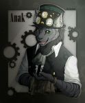  anthro claws clothed clothing feline fur hair hat looking_at_viewer male mammal open_mouth smile solo steampunk striped_fur stripes trinanya 