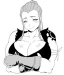  1girl breasts brigitte_lindholm cleavage eyebrows gloves khexxi large_breasts long_hair overwatch ponytail simple_background smile solo tied_hair white_background 
