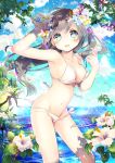  bikini blue_eyes blue_sky blush breasts brown_hair cloud day flower hair_flower hair_ornament highres long_hair looking_at_viewer matoki_misa medium_breasts moe2018 navel ocean original sky smile solo swimsuit wardrobe_malfunction white_bikini 