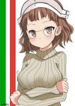  bangs blunt_bangs breasts brown_eyes brown_hair glasses hinase_(jet_hearts) italian_flag italy kantai_collection large_breasts long_sleeves pince-nez roma_(kantai_collection) short_hair solo sweater white_sweater 